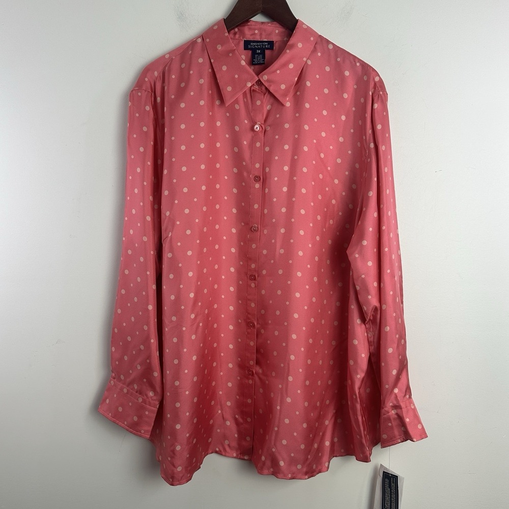 Jones New York Signature Womens 3X 100% Silk Button Up Shirt Pink Polka‎ Dot NWT